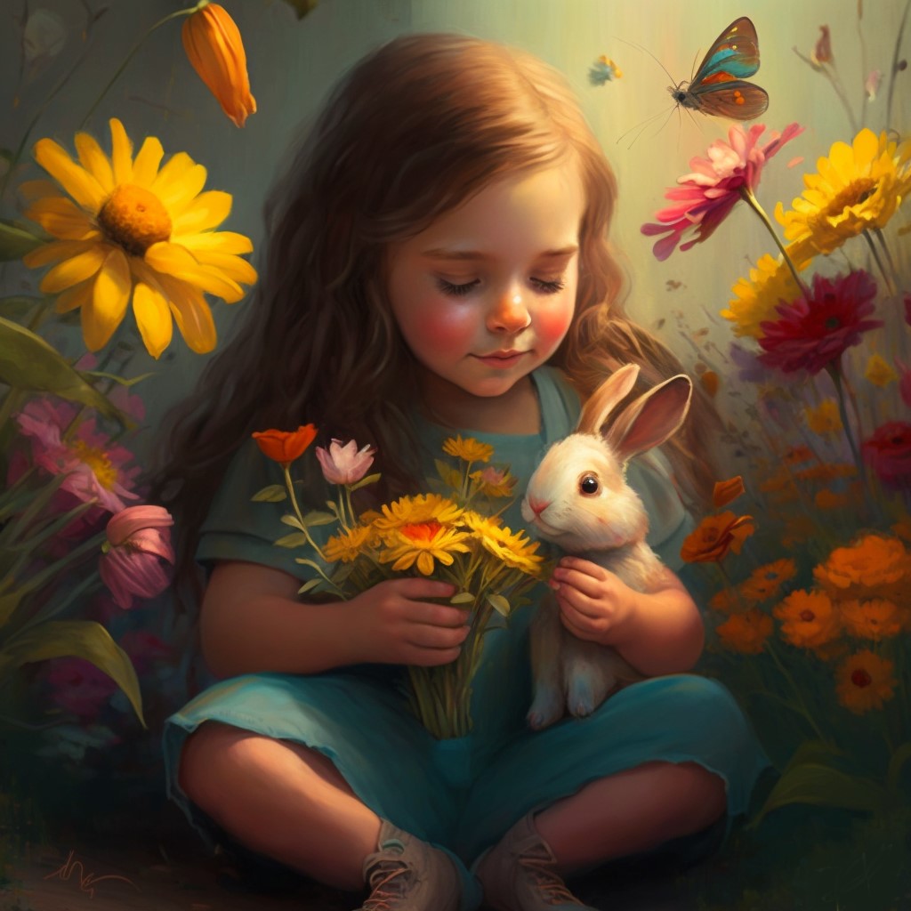 child sitting with friendly bunny and flowers