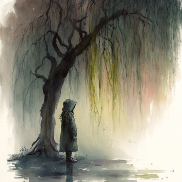 child standing alone under a willow tree - watercolor