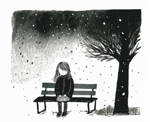 Sad child sitting alone on a bench -- charcoal drawing