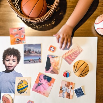 preschooler making a collage